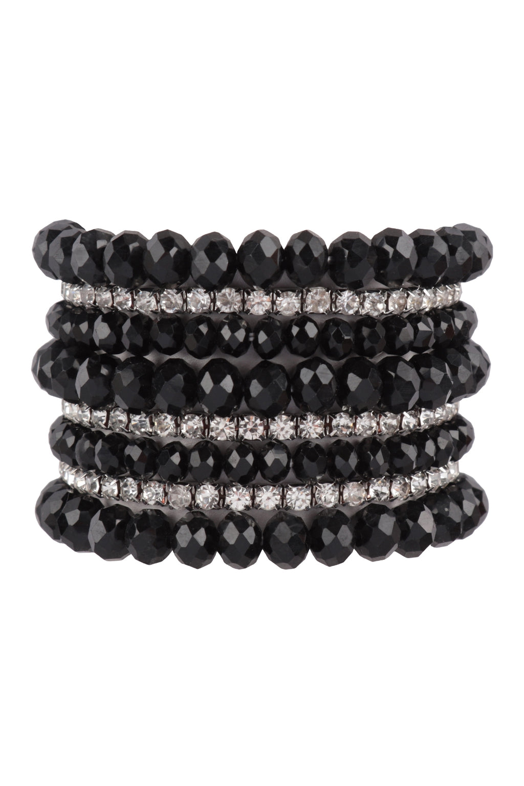 Rondelle, Rhinestone Beads Stackable Bracelet Set Black - Pack of 6