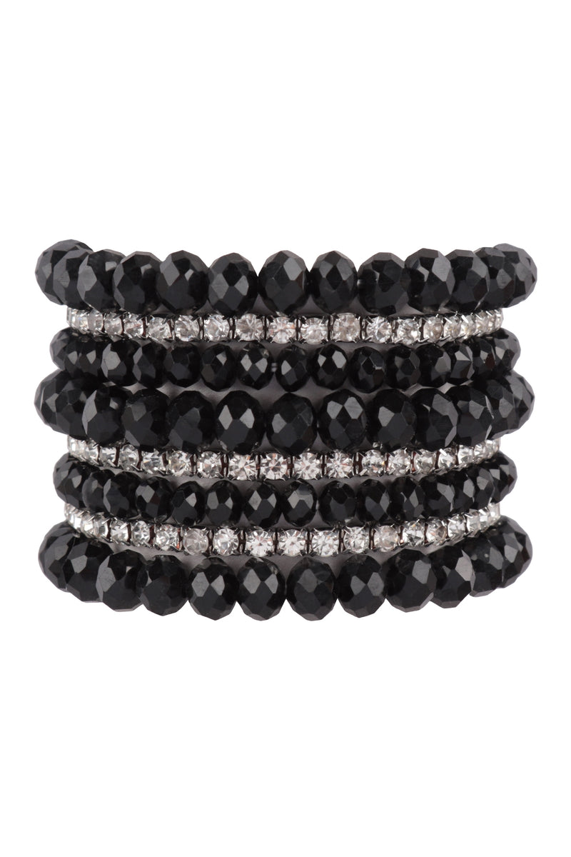 Rondelle, Rhinestone Beads Stackable Bracelet Set Black - Pack of 6