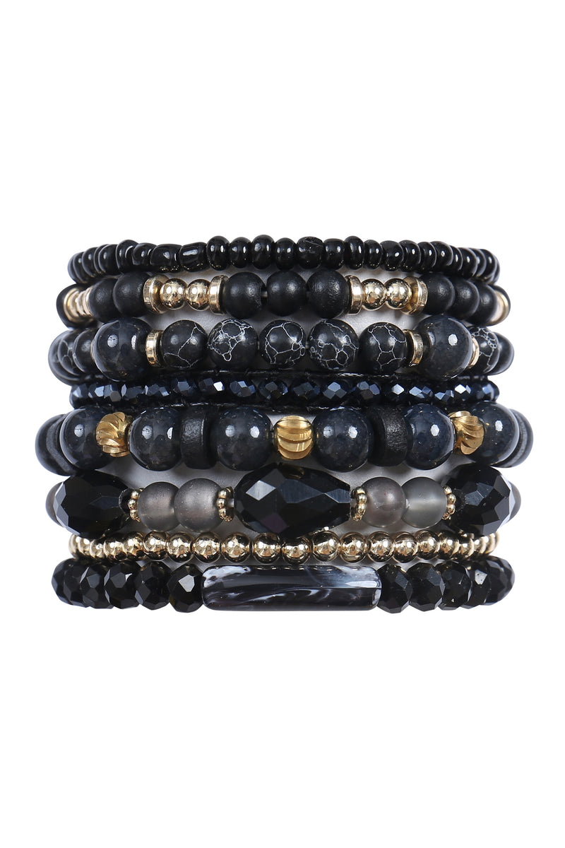 Charm Mix Beads Natural Stone Wood Layered Stackable Versatile Bracelet Set Black - Pack of 6