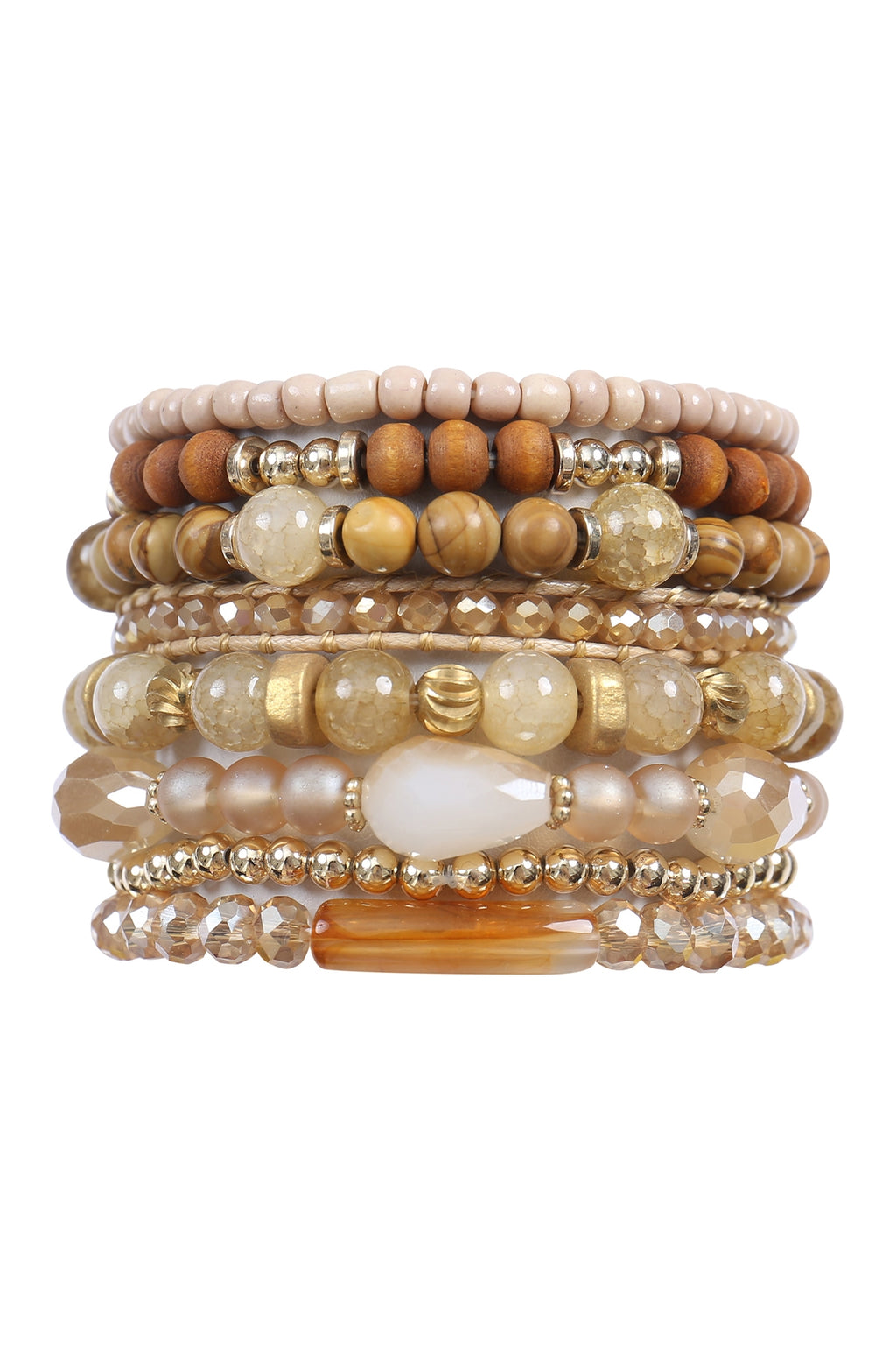 Charm Mix Beads Natural Stone Wood Layered Stackable Versatile Bracelet Set Light Brown - Pack of 6