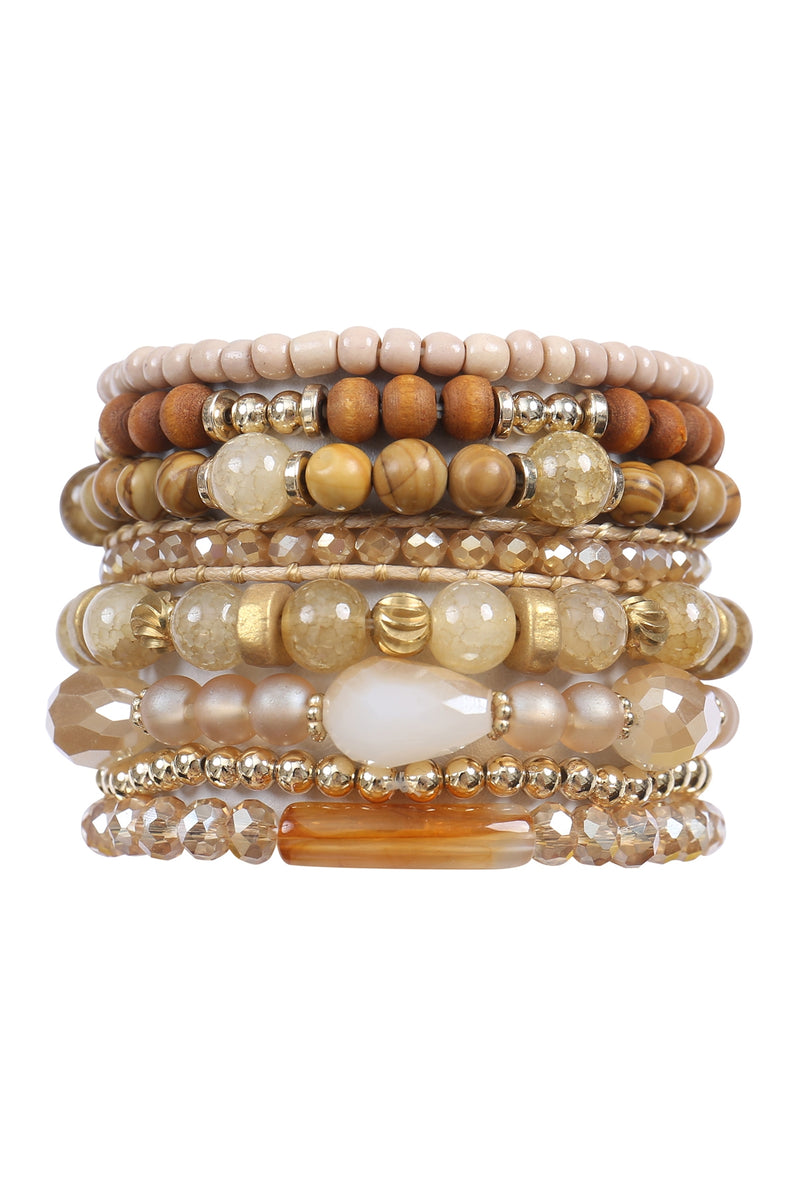 Charm Mix Beads Natural Stone Wood Layered Stackable Versatile Bracelet Set Light Brown - Pack of 6