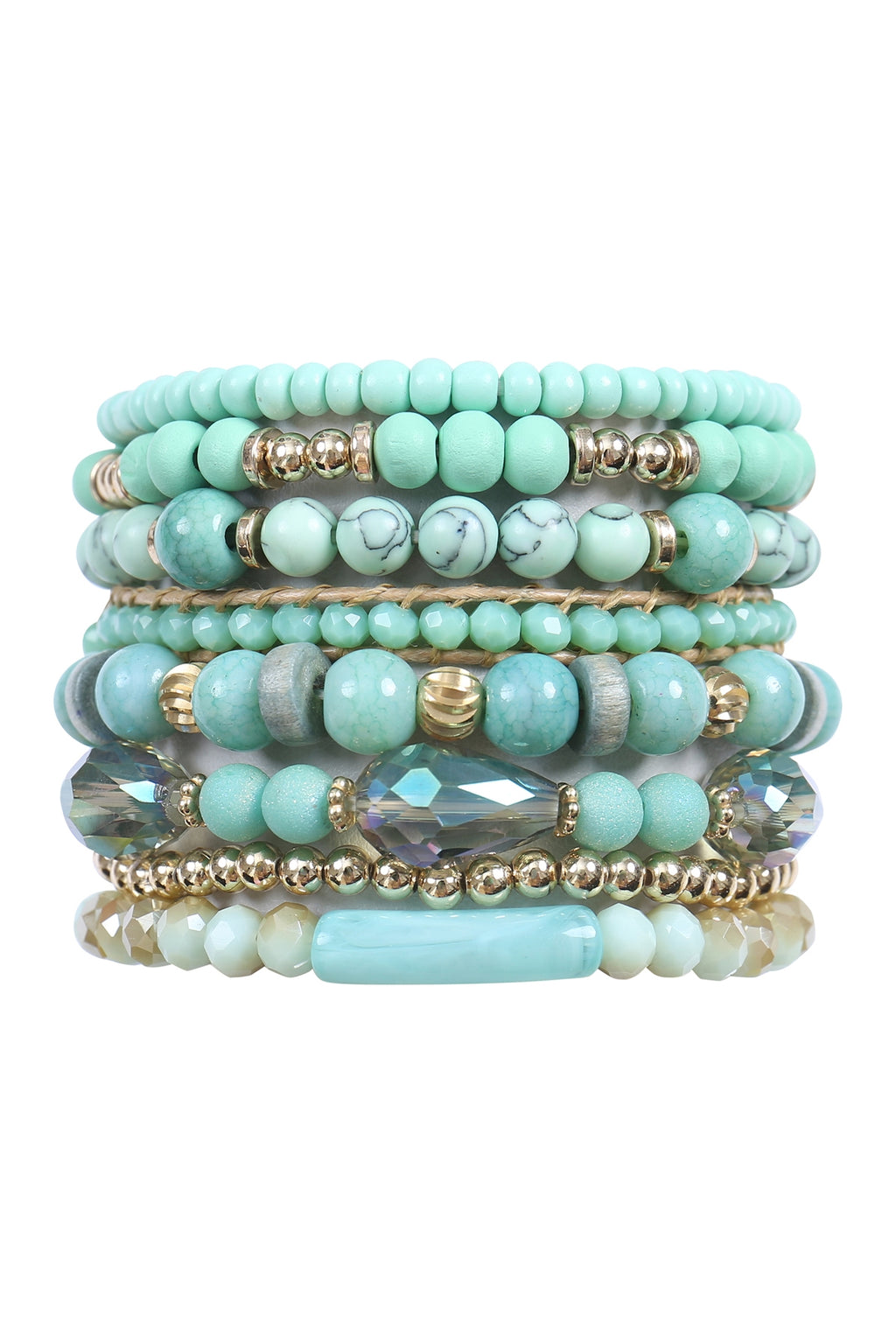 Charm Mix Beads Natural Stone Wood Layered Stackable Versatile Bracelet Set Amazonite - Pack of 6