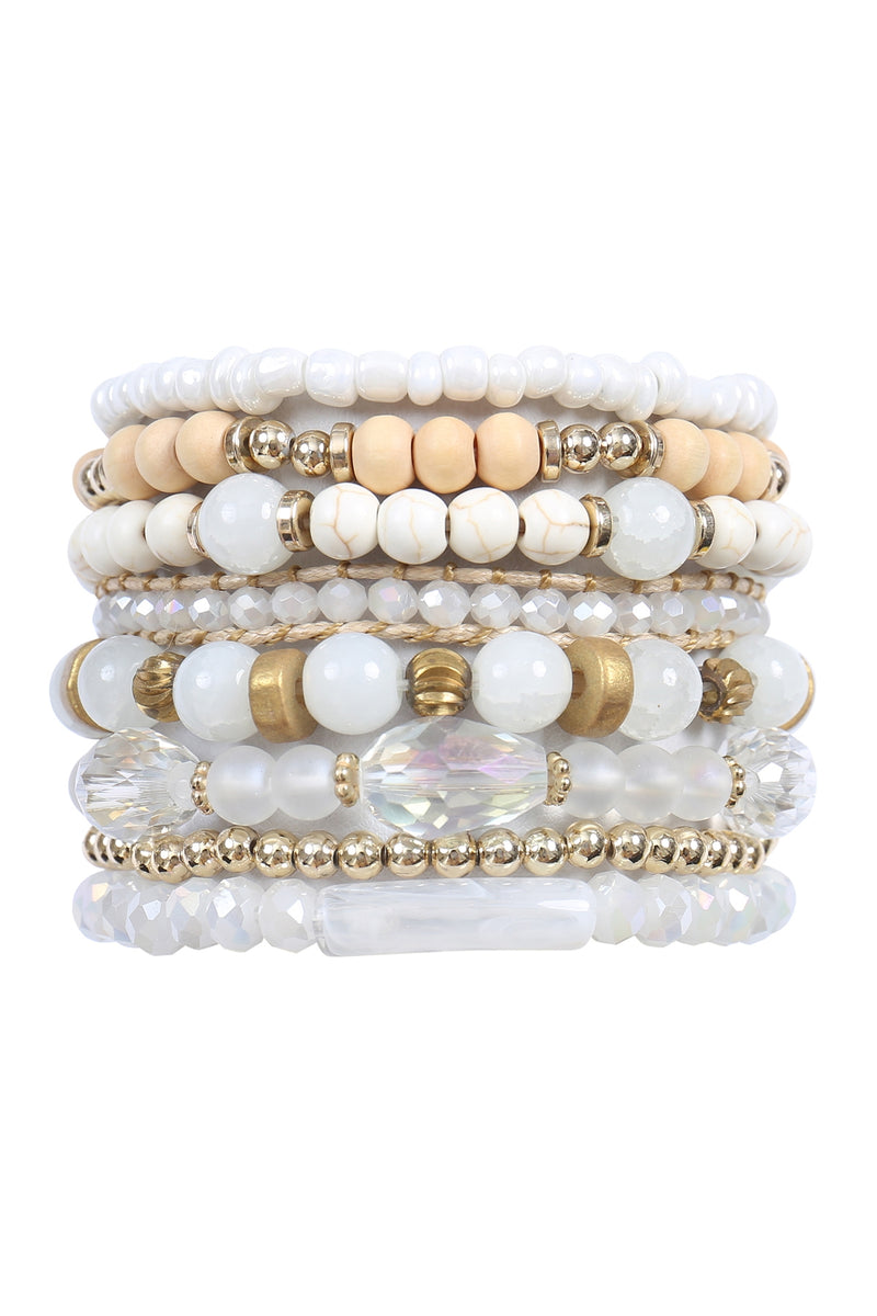 Charm Mix Beads Natural Stone Wood Layered Stackable Versatile Bracelet Set White - Pack of 6