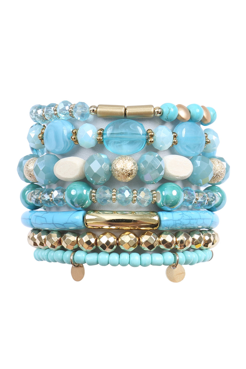 Charm Mix Beads Glass Tubular Layered Versatile Bracelet Set Turquoise - Pack of 6