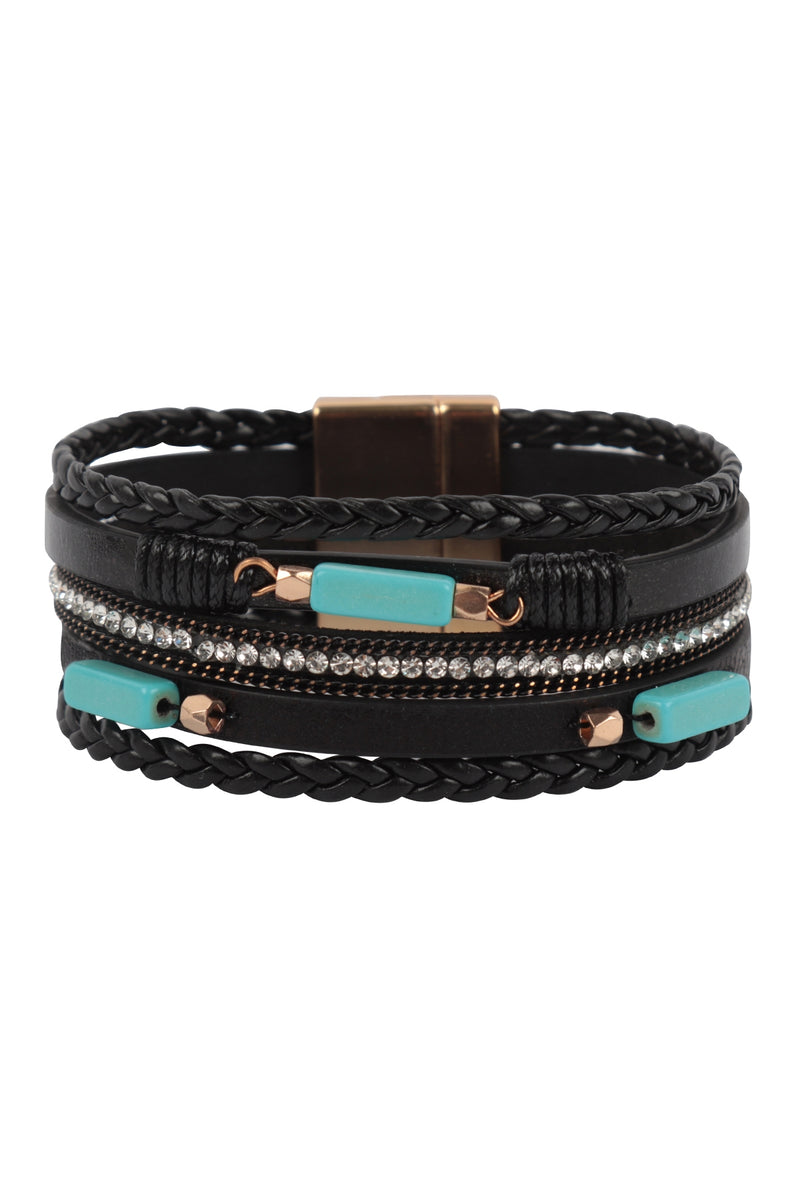 Braided Leather Natural Stone Magnetic Lock Bracelet Black - Pack of 6