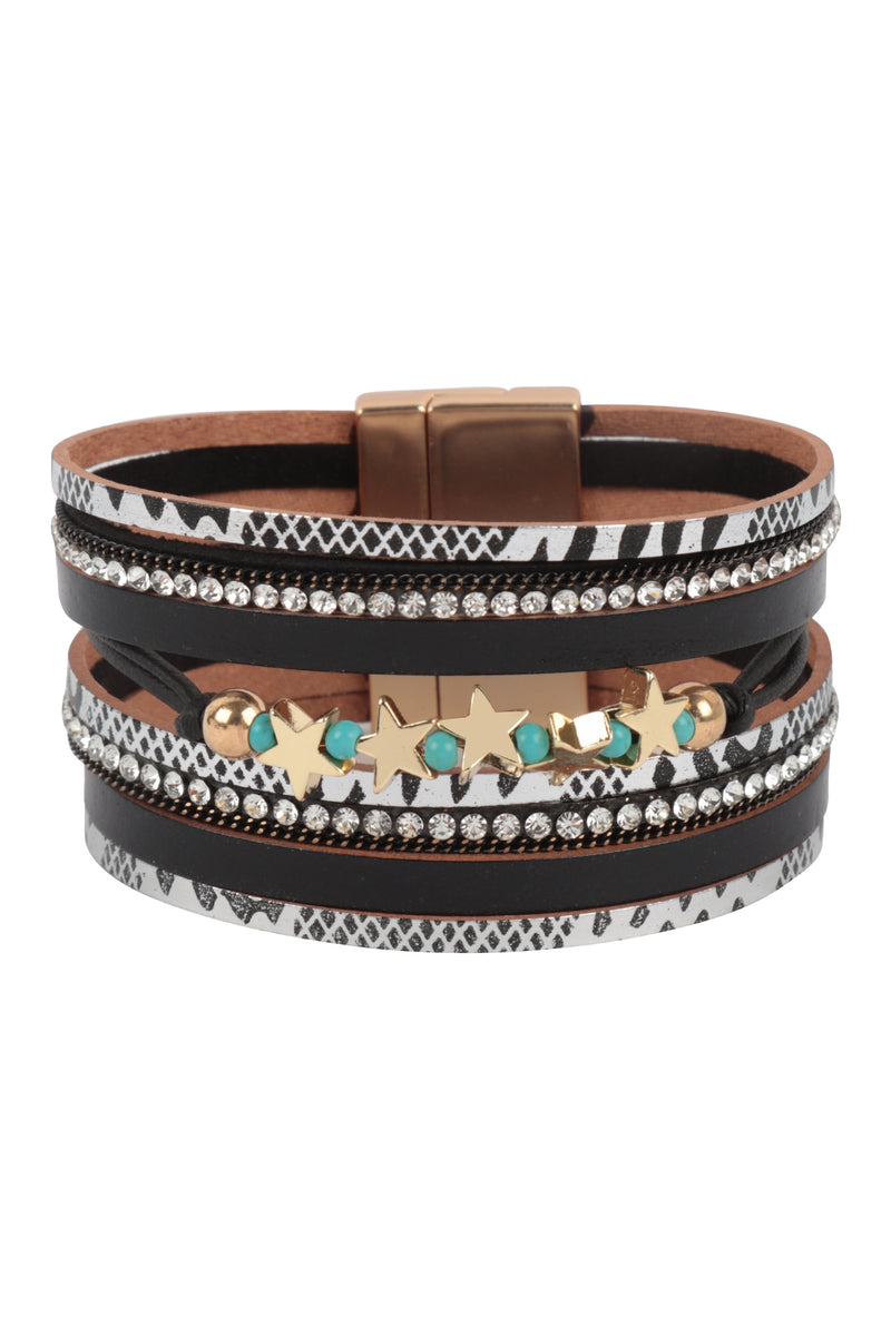 Snake Print Leather Wrap With Star Magnetic Lock Bracelet Black - Pack of 6