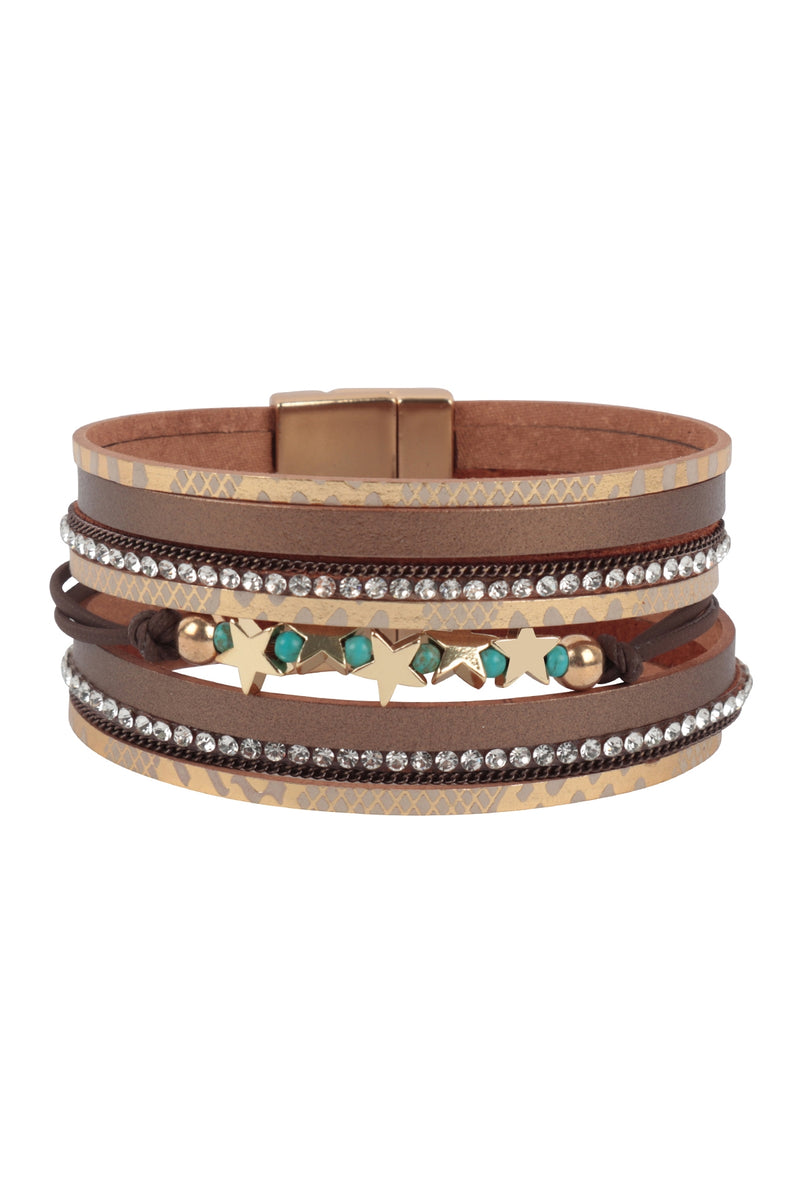 Snake Print Leather Wrap With Star Magnetic Lock Bracelet Light Brown  - Pack of 6