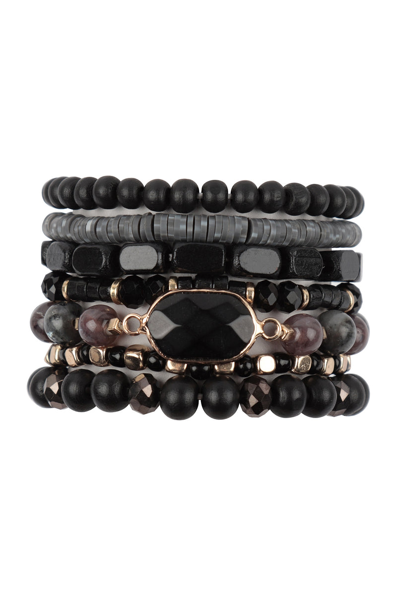 Charm Layered Wood, FIMO, Rondelle Mix Beads Stackable Bracelet Black - Pack of 6