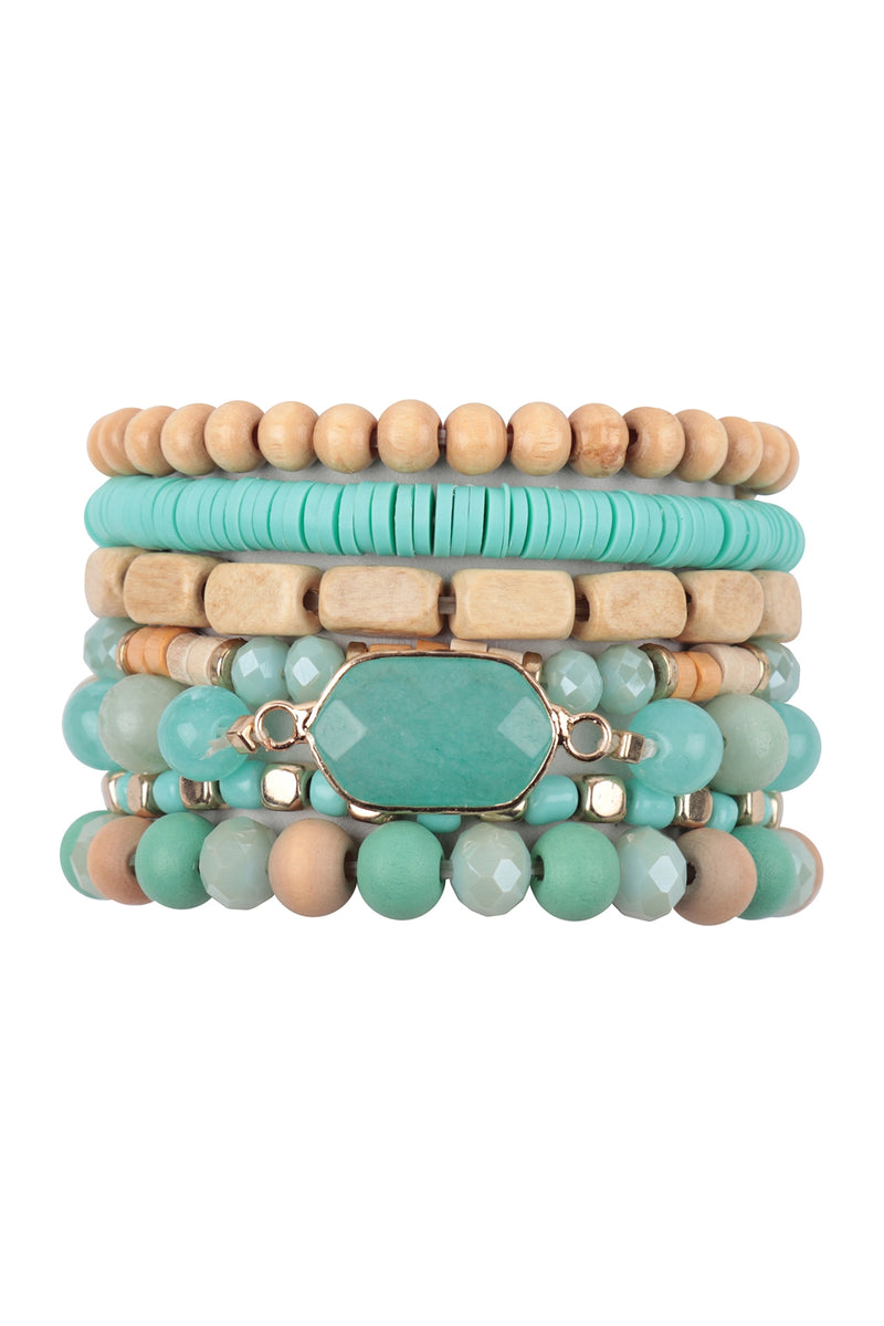 Charm Layered Wood, FIMO, Rondelle Mix Beads Stackable Bracelet Amazonite - Pack of 6