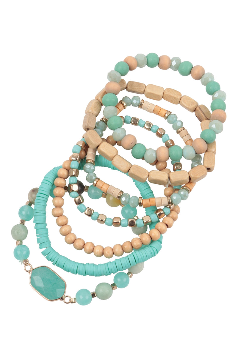 Charm Layered Wood, FIMO, Rondelle Mix Beads Stackable Bracelet Amazonite - Pack of 6