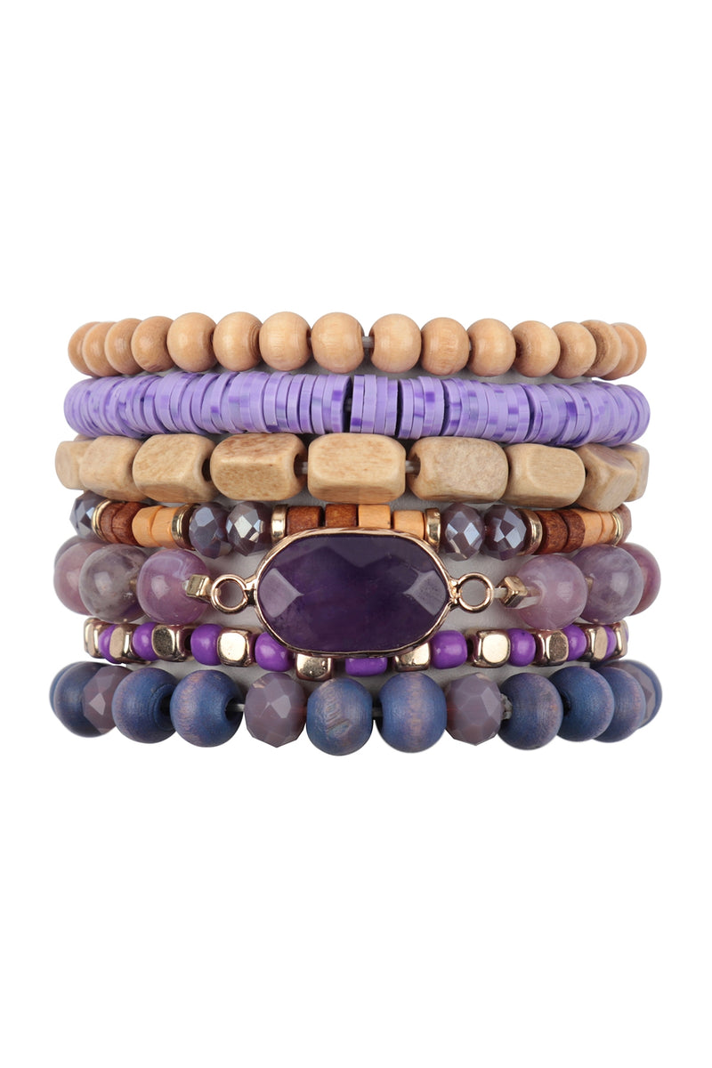 Charm Layered Wood, FIMO, Rondelle Mix Beads Stackable Bracelet Purple - Pack of 6