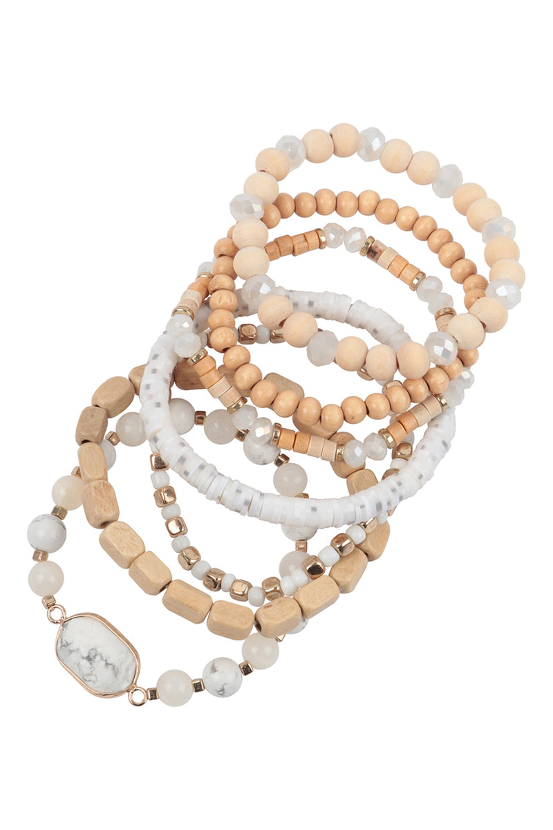 Charm Layered Wood, FIMO, Rondelle Mix Beads Stackable Bracelet White - Pack of 6