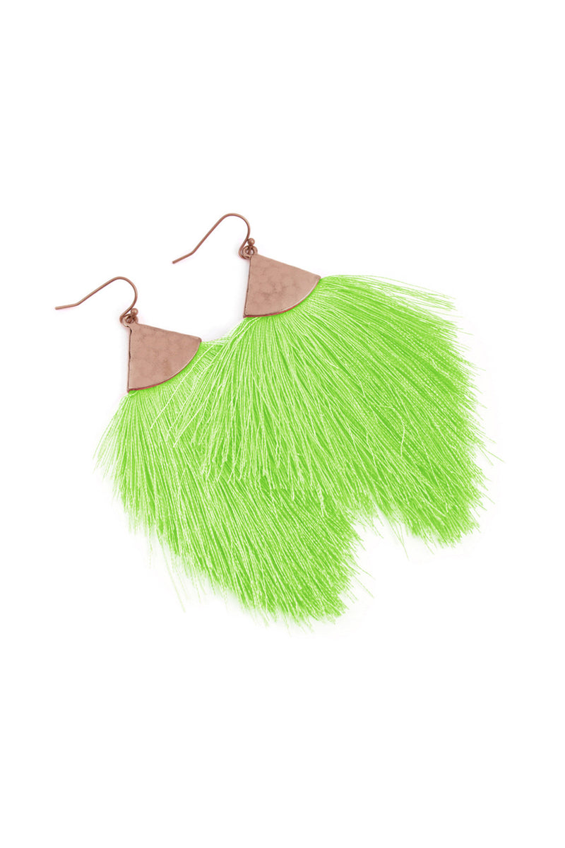 Neon Green Tassel with Hammered Metal Hook Drop Earrings - Pack of 6