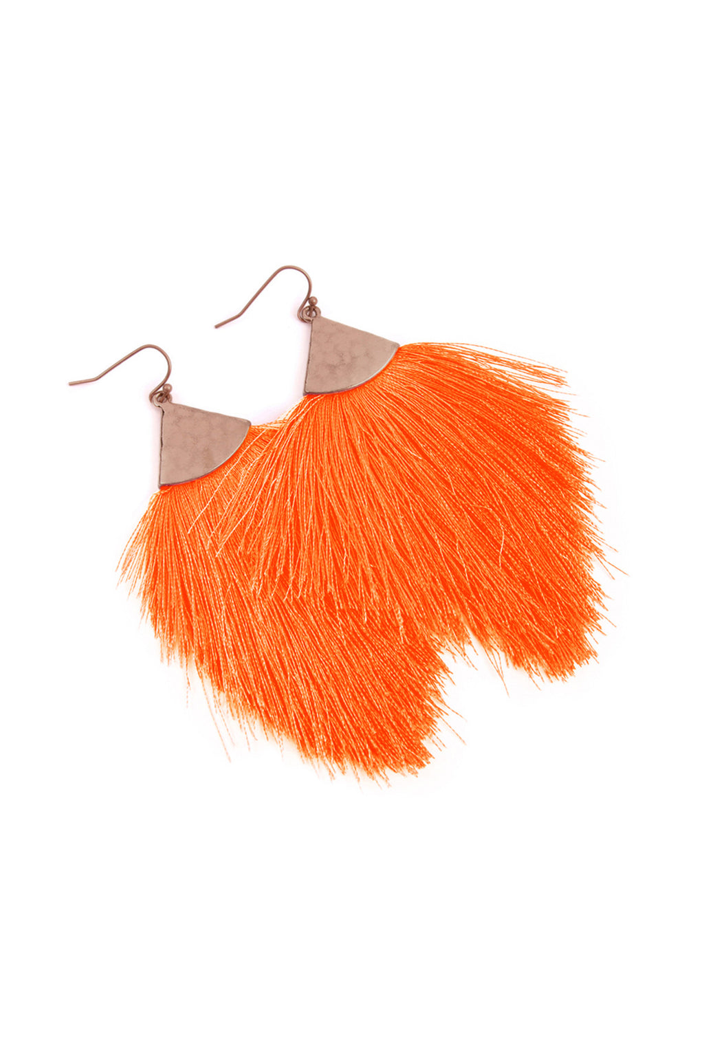 Neon Orange Tassel with Hammered Metal Hook Drop Earrings - Pack of 6