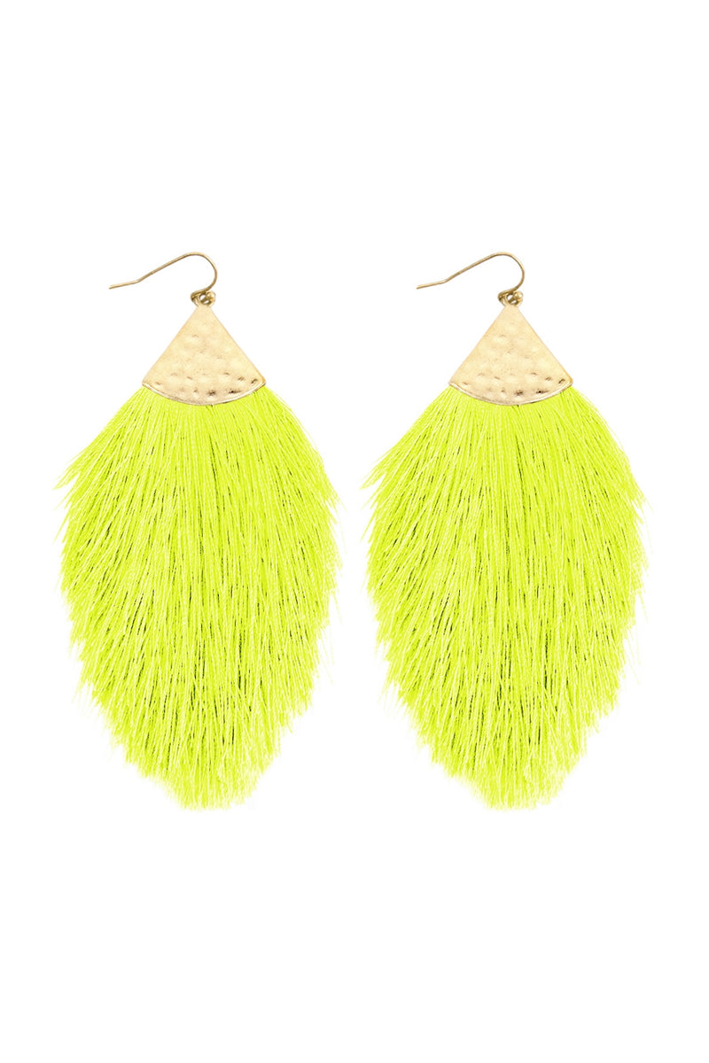 Neon Yellow Tassel with Hammered Metal Hook Drop Earrings - Pack of 6