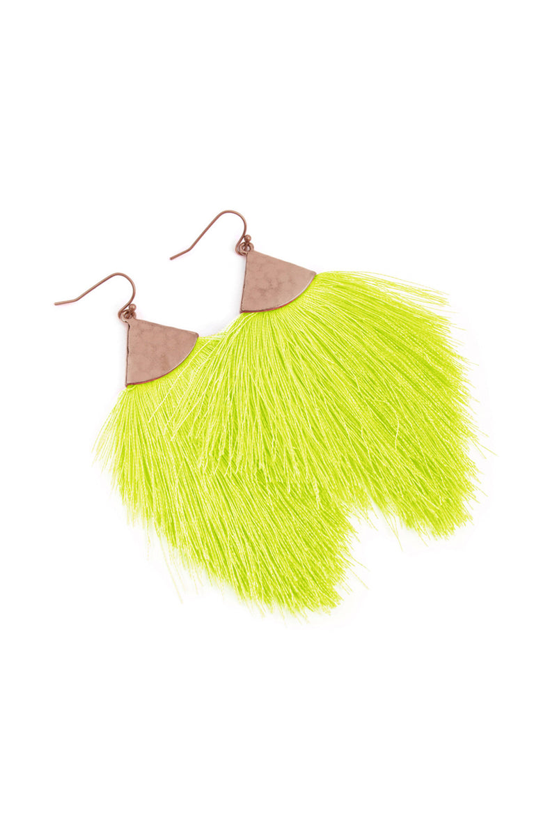 Neon Yellow Tassel with Hammered Metal Hook Drop Earrings - Pack of 6