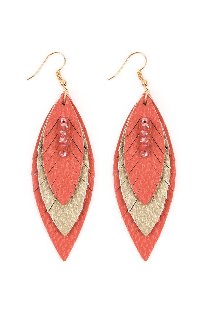 Coral Three Layer Fringed Leather Marquise Earrings - Pack of 6