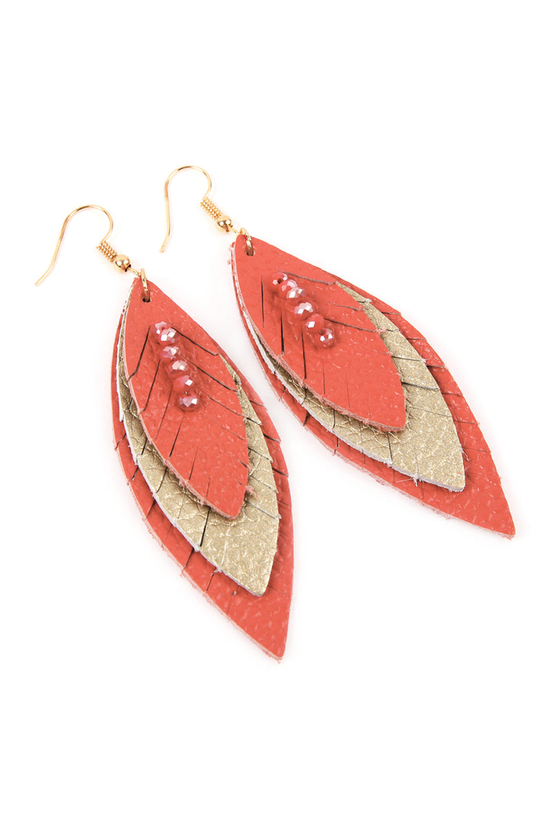 Coral Three Layer Fringed Leather Marquise Earrings - Pack of 6