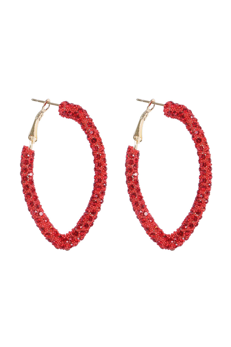 Rhinestone Glitter Hoop Lock Earrings Red - Pack of 6