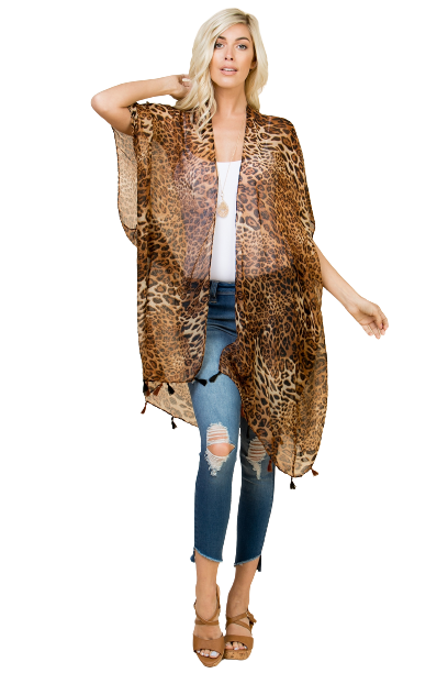 Brown Open Front Leopard Tassel Polyester Cardigan - Pack of 6