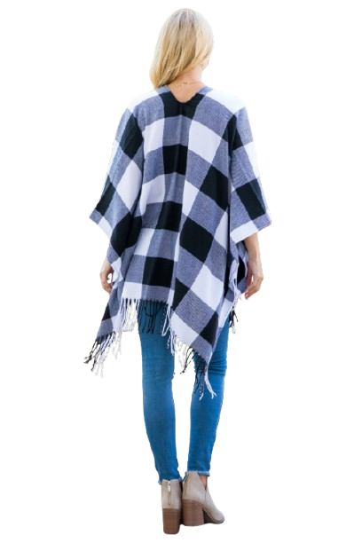 Plaid Open Front Fringe Kimono Black - Pack of 6
