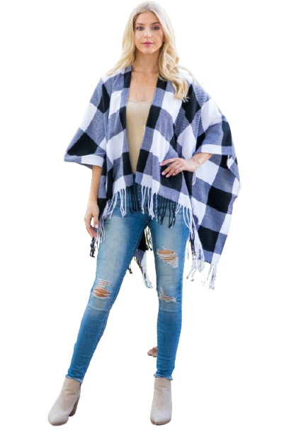 Plaid Open Front Fringe Kimono Black - Pack of 6