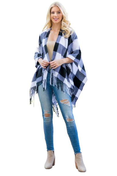 Plaid Open Front Fringe Kimono Black - Pack of 6
