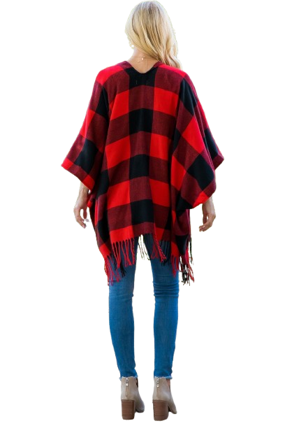 Plaid Open Front Fringe Kimono Red - Pack of 6