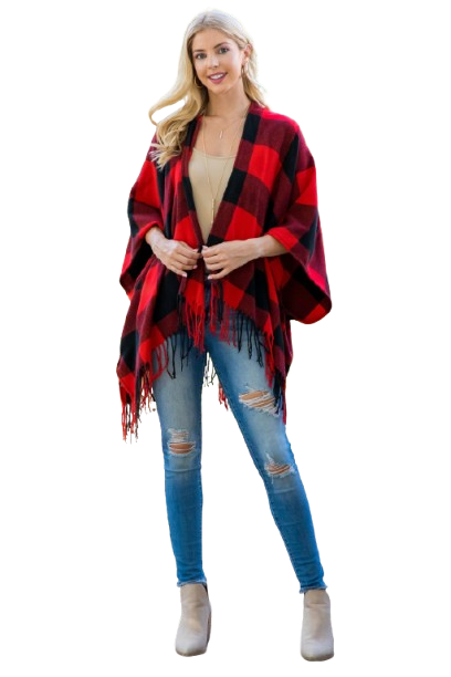 Plaid Open Front Fringe Kimono Red - Pack of 6