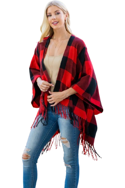 Plaid Open Front Fringe Kimono Red - Pack of 6