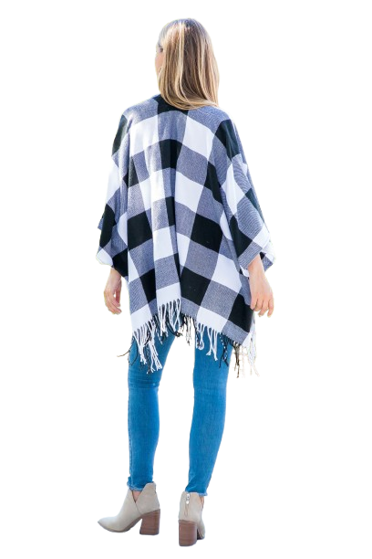 Plaid Open Front Fringe Kimono Black - Pack of 6