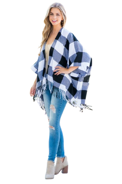 Plaid Open Front Fringe Kimono Black - Pack of 6