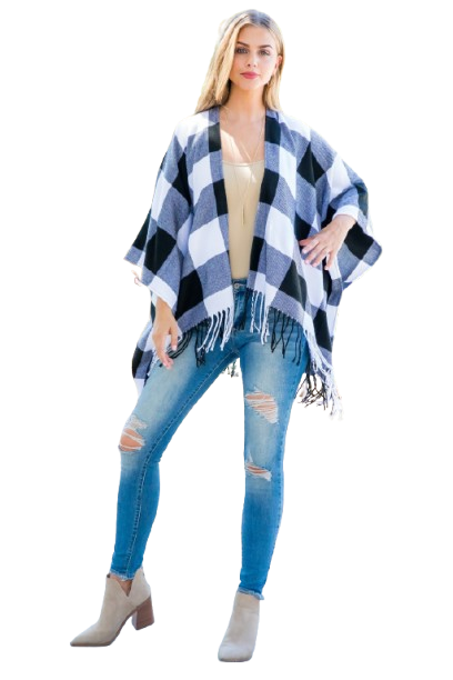 Plaid Open Front Fringe Kimono Black - Pack of 6