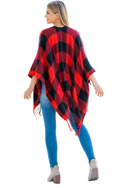 Plaid Open Front Fringe Kimono Red - Pack of 6