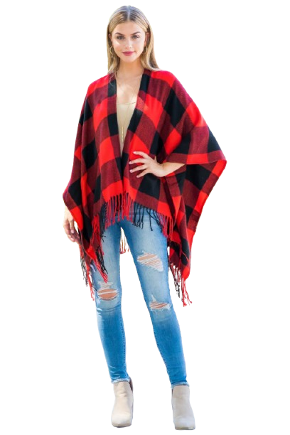 Plaid Open Front Fringe Kimono Red - Pack of 6