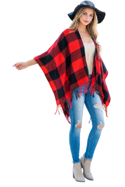 Plaid Open Front Fringe Kimono Red - Pack of 6