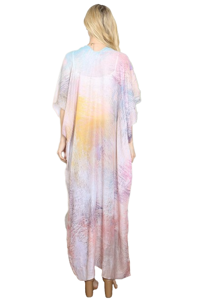 Tie Dye Multicolor Splatter Line Print Open Front Long Kimono Pink - Pack of 6