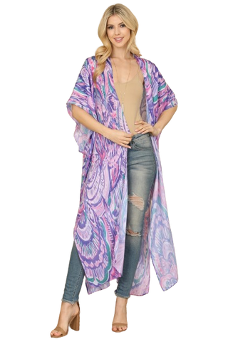 Tie Dye Multicolor Splatter Line Print Open Front Long Kimono Pink - Pack of 6