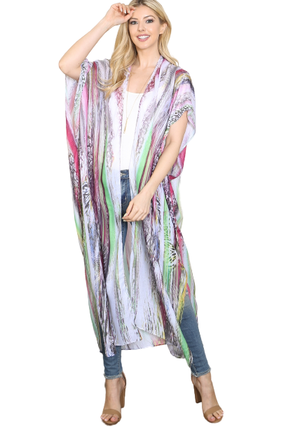 Grain Line Multicolor Print Open Front Long Kimono Mint - Pack of 6