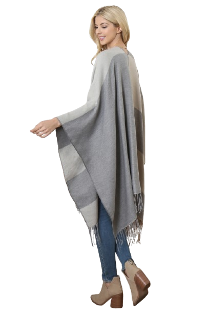 Stripes Print Fringe Open Front Kimono Gray - Pack of 6