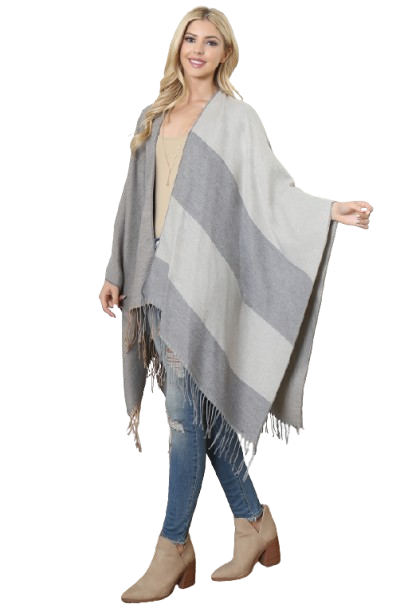 Stripes Print Fringe Open Front Kimono Gray - Pack of 6