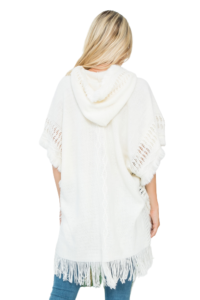 Diamond Pattern Knitted Fringe Warmer Poncho Ivory - Pack of 6