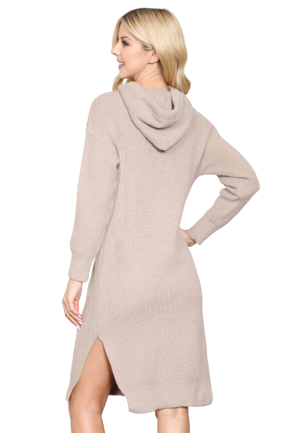 Hooded Long Sleeve Tunic Dress with Slit Beige - Pack of 6