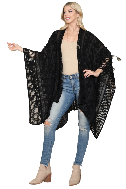 Zigzag Pompom Crochet Palmer Kimono Black - Pack of 6