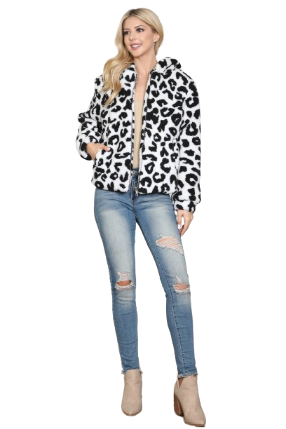 Leopard Print Faux Fur Hoodie Jacket White - Pack of 6