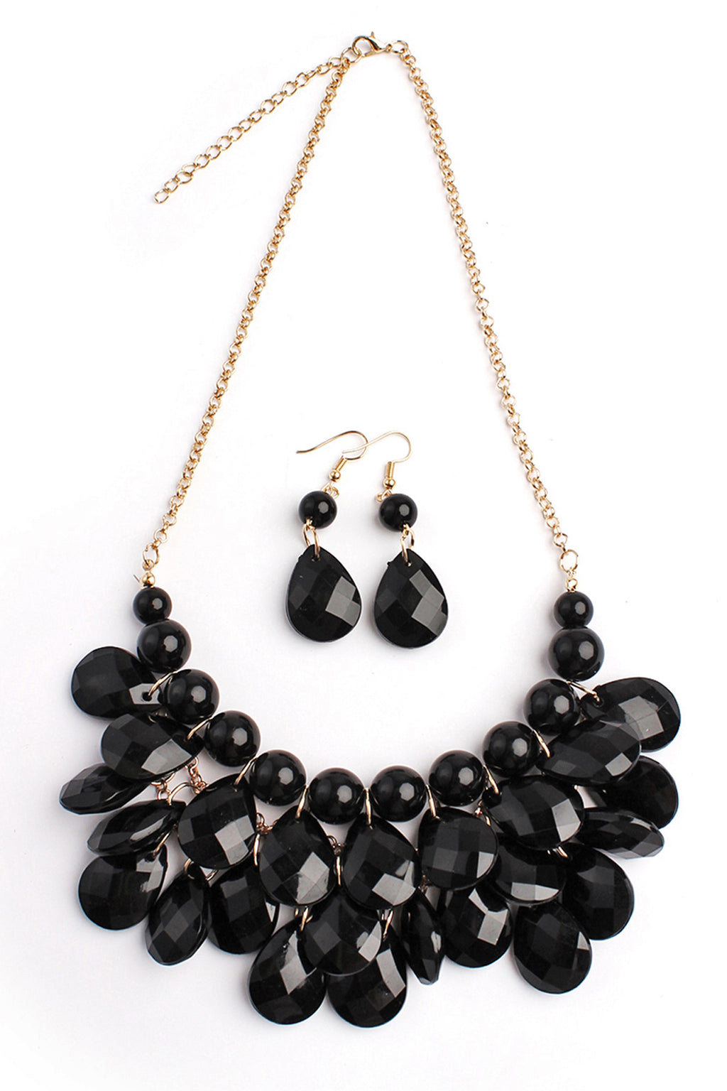 Black Teardrop Bubble Bib Necklace and Earring Set - Pack of 6