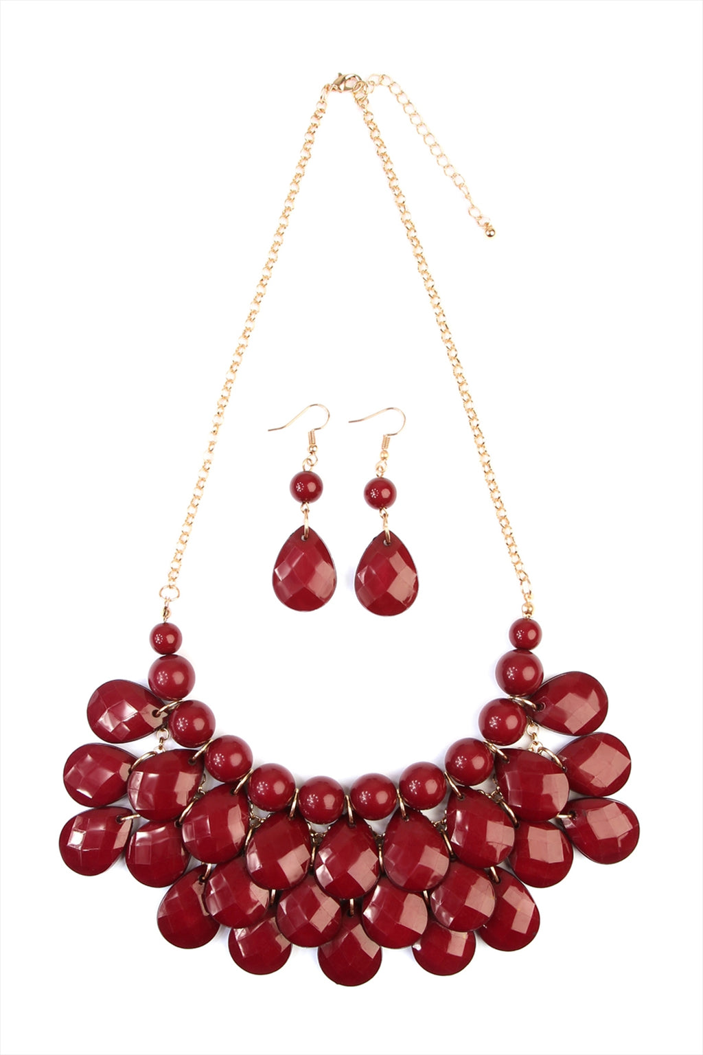 Burgundy Teardrop Bubble Bib Necklace and Earring Set - Pack of 6