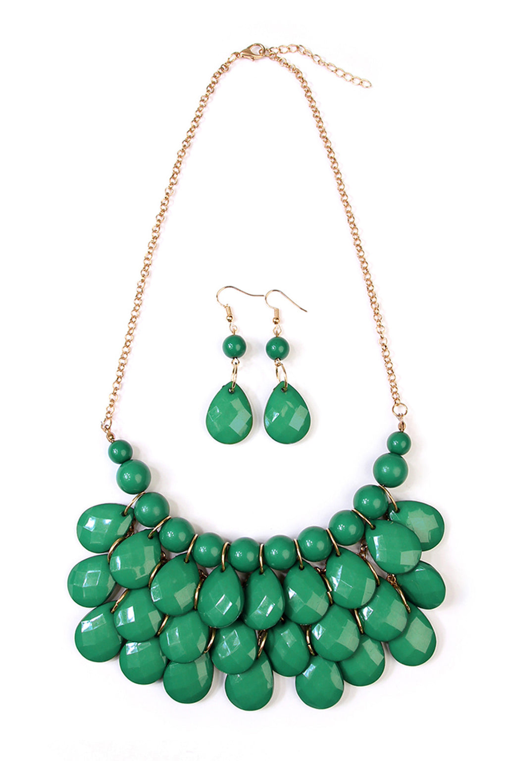 Green Teardrop Bubble Bib Necklace and Earring Set - Pack of 6