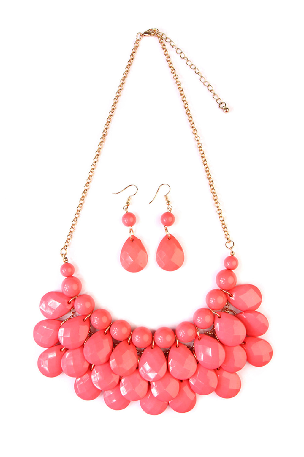 Coral Teardrop Bubble Bib Necklace and Earring Set - Pack of 6