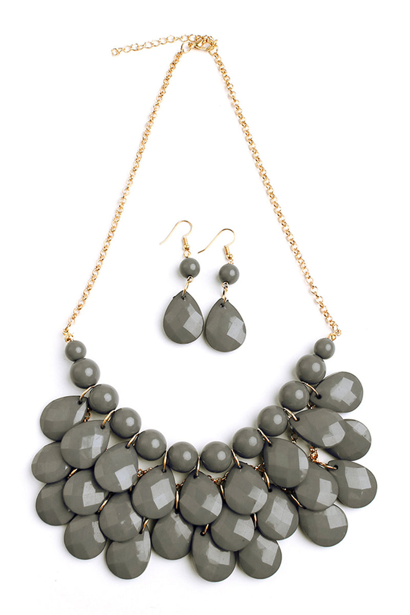 Dark Gray Teardrop Bubble Bib Necklace And Earring Set - Pack of 6